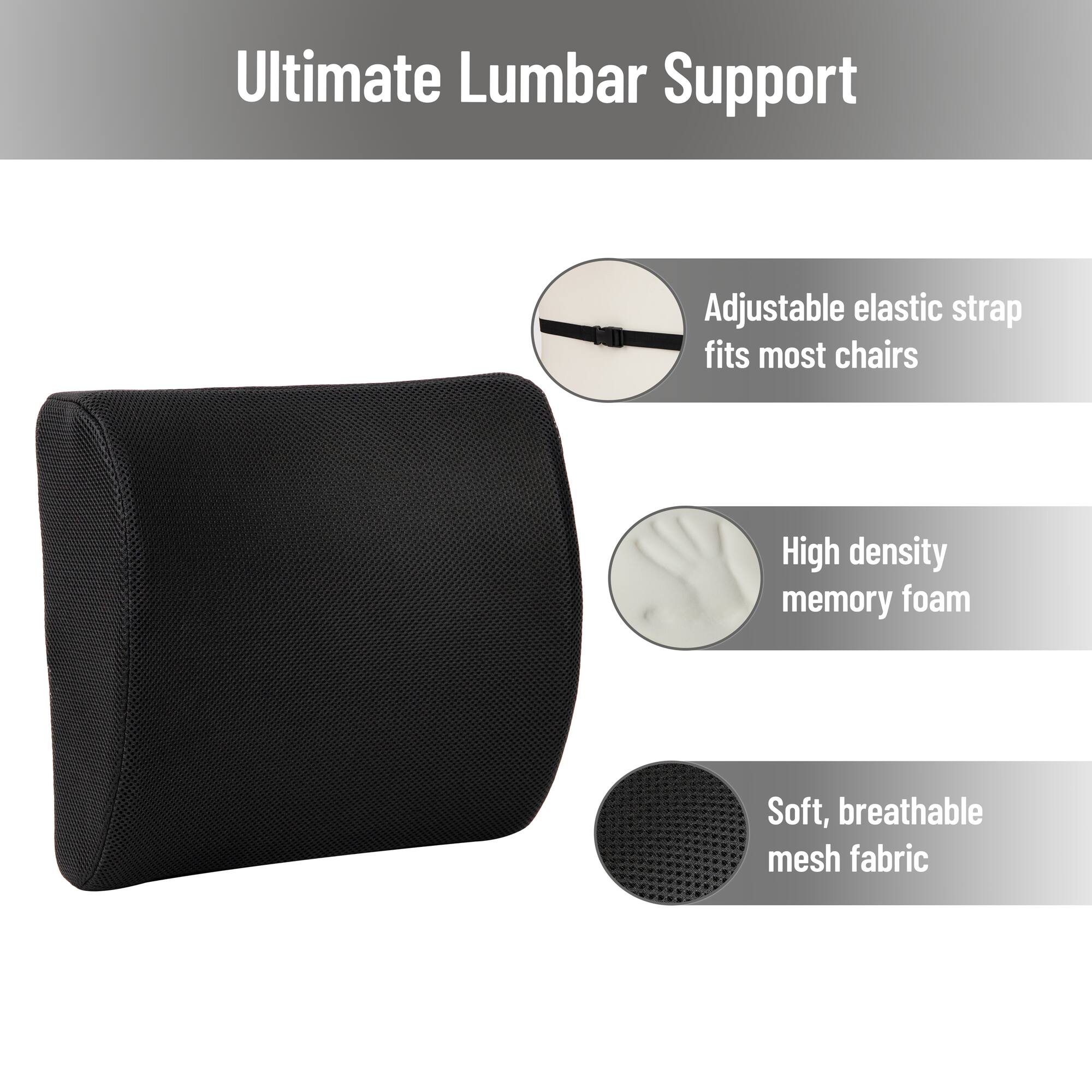Mind Reader 13.25" Black Lumbar Support Memory Foam Pillow with Air-Cloud Technology